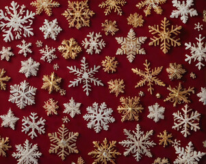 White and gold snowflakes on red background winter