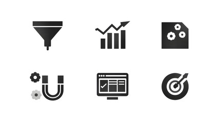 Flat black business icon pack: funnel, magnet, sales chart, and CRM dashboard, isolated on white