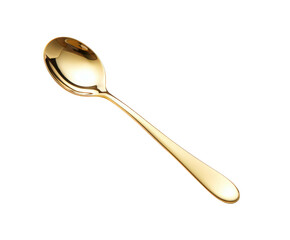 A shiny golden metal spoon is isolated on transparent background