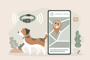 Pet tracking system, happy dog wearing a GPS collar, location-tracking app and map markers. Pet safety solutions, GPS pet tracker and smart dog care products.