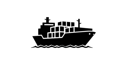 Obraz premium Flat black icon of a cargo ship with containers, international freight shipping, isolated on white