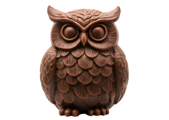 Chocolate brown owl figure with hand-carved feather detailing and smooth molded finish isolated on a transparent background