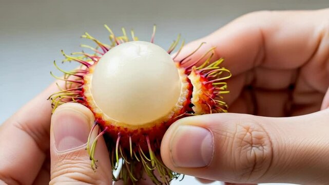 Hands gently peel back a vibrant rambutan skin, revealing its glistening, translucent white flesh, symbolizing nature's sweet treats and tropical indulgence.