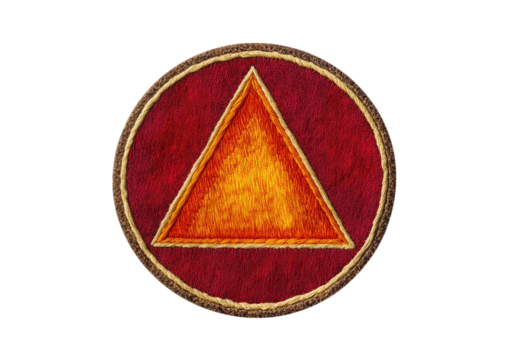 Cloth patch mockup with triangular warning symbol in red and yellow embroidery isolated on a transparent background
