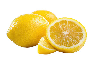 Fresh ripe yellow lemons and slices isolated on transparent background
