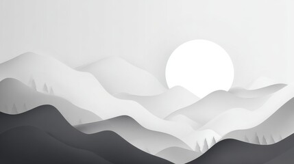 Fototapeta premium Monochromatic landscape featuring rolling hills under a large sun, evoking tranquility and depth