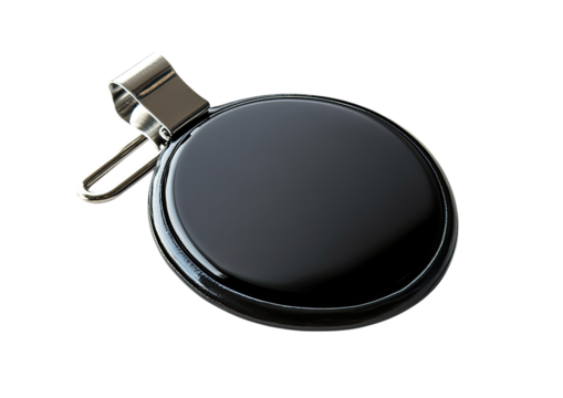 Black oval clip-on badge with metallic shine and safety pin back detail on minimal layout isolated on a transparent background - Powered by Adobe