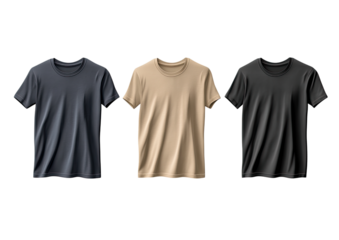 Set of basic round-neck t-shirts in gray, black, and beige colors slightly folded isolated on a transparent background