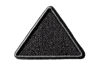 Black triangle-shaped patch with clean stitched white outline on cloth base isolated on a transparent background
