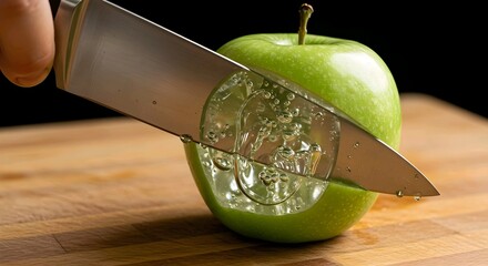A hand slices a green apple with a knife, releasing juice onto a wooden cutting board against a black background.