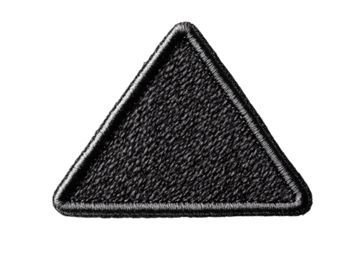Black triangle-shaped patch with clean stitched white outline on cloth base isolated on a transparent background
