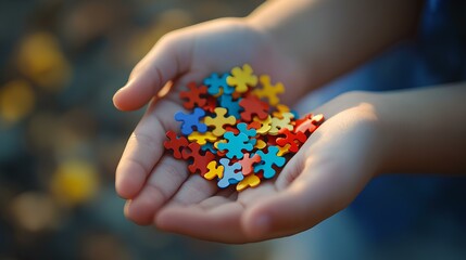 Hands holding colorful puzzle pieces close-up