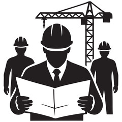 Construction Site Silhouette Illustration – Engineer, Workers, Blueprint & Crane Vector for Industrial Design