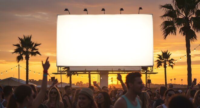 Blank billboard at sunset concert