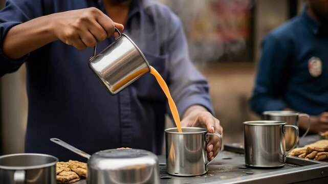 A street vendor skillfully pours hot chai tea into steel cups, capturing the essence of daily life and authentic local culture in India.