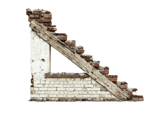Damaged staircase corner from a building ruin with missing steps and support beams isolated on a transparent background