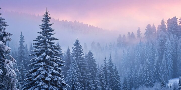 winter landscape with fog, Dense pine forest with heavy snow accumulation, fog creating soft pastel tones.