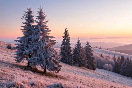sunset in the mountains, Frost-covered pine trees clustered on a hilltop, lit by warm pastel sunrise.