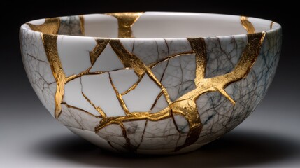 Shattered porcelain bowl kintsugi repair with abstract gold rivers. Dramatic chiaroscuro lighting emphasizing fractures