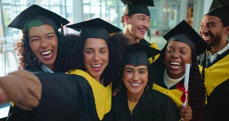 Selfie, graduation and students at university for celebration, achievement or education success. Happy, friends and portrait of people with photography picture for memory together at college campus. - Powered by Adobe