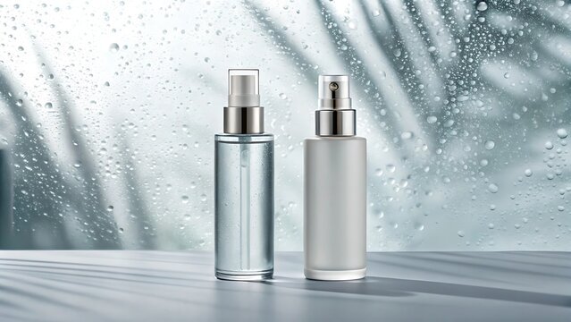 Two cosmetic spray bottles with silver caps sit on a surface against a backdrop of water droplets and palm leaf shadows - Powered by Adobe