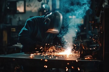 Metal welder performing electric arc welding in industrial workshop during evening hours, Metal welder steel working with electric arc welding machine in workshop