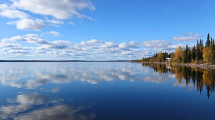 Obraz premium Serene lake reflecting autumn trees under a clear blue sky with fluffy clouds in the background