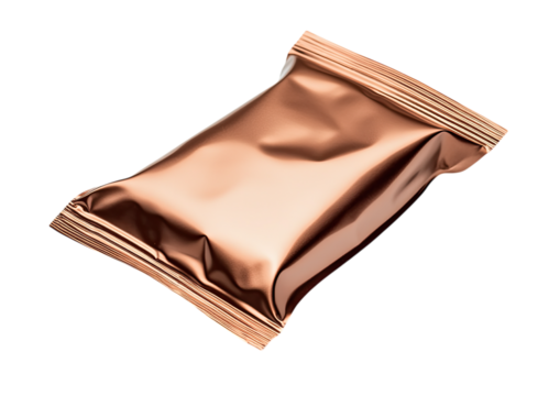 Sealed coffee sachet with glossy brown wrapper and subtle crease pattern isolated on a transparent background