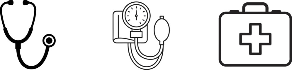 Fototapeta premium Medical equipment vector illustration stethoscope blood pressure kit first aid box isolated 100 character