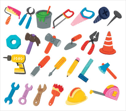 handyman tools Illustration with crayon style editable for cards, poster decorations, t-shirt prints, stickers, icons and others