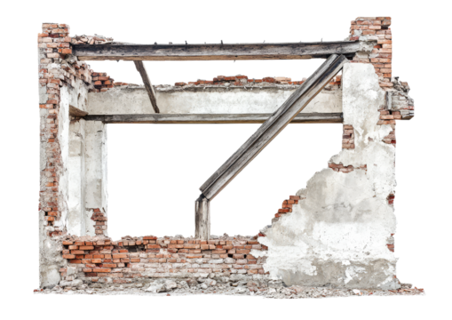 Old building corner structure with exposed beams and crumbling bricks isolated on a transparent background