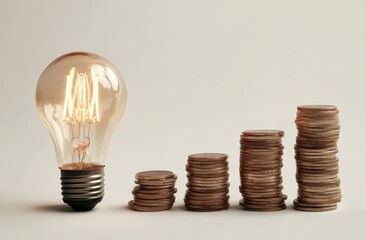 A glowing vintage light bulb next to four stacks of coins increasing in height, symbolizing growth, investment, and ideas generating profit.
