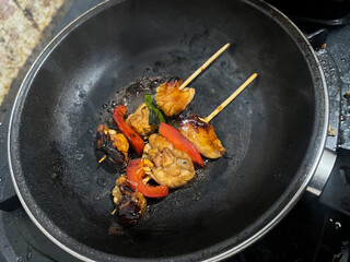 Yakitori, Charcoal grilled chicken, Japanese style skewered chicken on grill