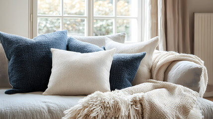 A cozy bedroom area adorned with textured throws, neutral-toned cushions, and warm lighting. Home decor. Blue tones