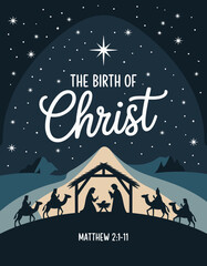 Naklejka premium Nativity scene in Bethlehem featuring silhouettes of wise men, manger, and stars representing the birth of Christ. Suitable for Christmasthemed designs.