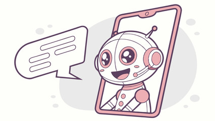 Adorable AI Chatbot with Headset on Smartphone Screen and Speech Bubble for Digital Communication