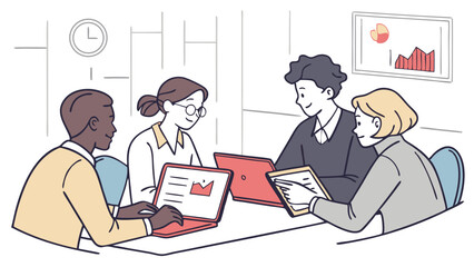 Collaborative Business Team Analyzing Data in Modern Office Meeting. Diverse Professionals Working on Laptops and Tablet, Discussing Strategy and G...