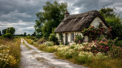 Thatched cottage, lane view
