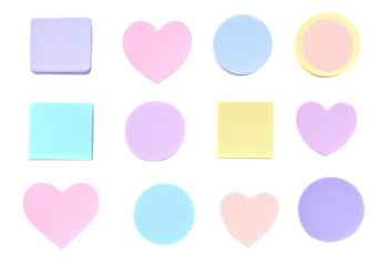 Minimal icon set of pastel geometric shapes including hearts, circles, and squares isolated on a transparent background