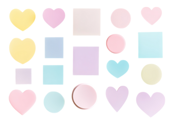 Set of geometric icons in pastel pink and blue tones including hearts, dots, and squares isolated on a transparent background