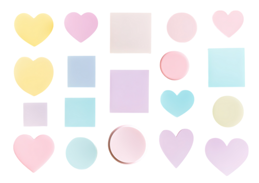 Set of geometric icons in pastel pink and blue tones including hearts, dots, and squares isolated on a transparent background