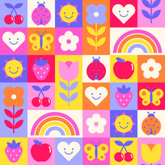 Cute geometric flower, fruit, rainbow, sun, insect and heart seamless square pattern design background.