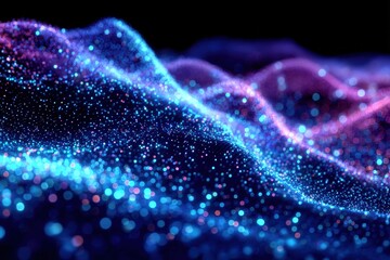 Fototapeta premium A vibrant digital landscape with glowing blue and purple particles forming wave-like patterns against a dark background.