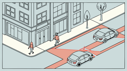 Isometric City Street Intersection with Pedestrians and Cars, Highlighting Potential Collision Zones for Urban Traffic Safety and Smart Mobility Co...