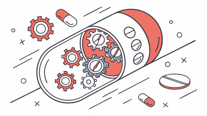 Obraz premium Pharmaceutical Technology Concept: Abstract Illustration of Gears Inside a Medical Capsule Representing Innovation and Drug Development Process