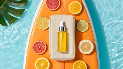 Refreshing citrus fruits surround a bottle of yellow serum on an orange surfboard floating in blue water