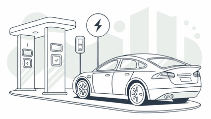 Electric Vehicle Charging Station in Cityscape Outline Illustration for Sustainable Urban Mobility