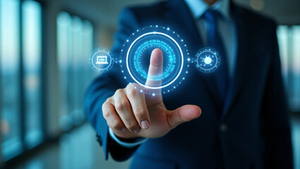 Strategic Innovation – Business Finger Touching Circular Holographic Interface