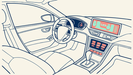 Modern Car Interior Dashboard with Infotainment Screen Line Art Illustration