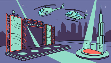 Dynamic Urban Event Stage with Helicopters and Futuristic Skyscraper Illustration at Night, Spotlighted Performance Venue in a Modern Cityscape